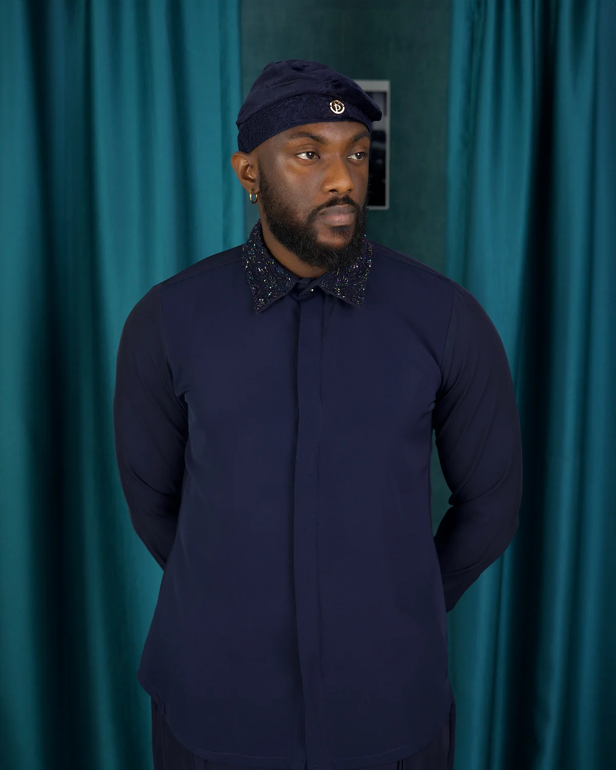 Aso odun 2 piece navy 1.webp bespoke fashion design by Patrick Slim