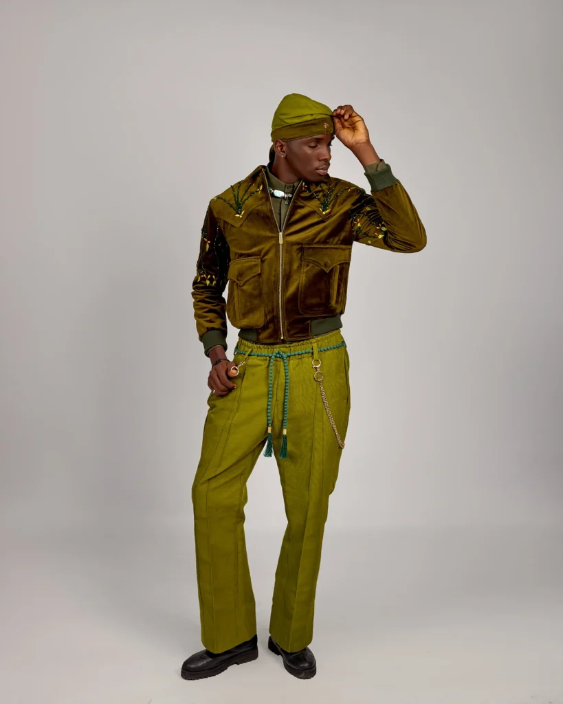Omo eko 3 piece classic set green 1.webp bespoke fashion design by Patrick Slim
